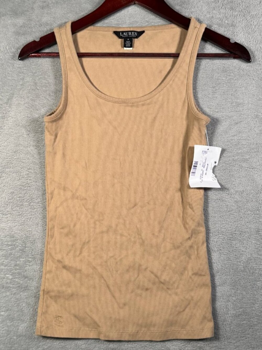 Lauren Ralph Lauren Tank Womens M Beige Ribbed Knit Embroidered Logo Casual $45